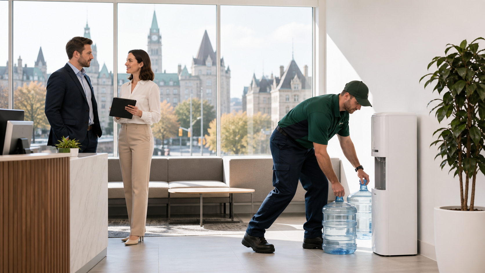 Blue water jug and dispenser on a bright Ottawa office counter with city skyline visible through windows