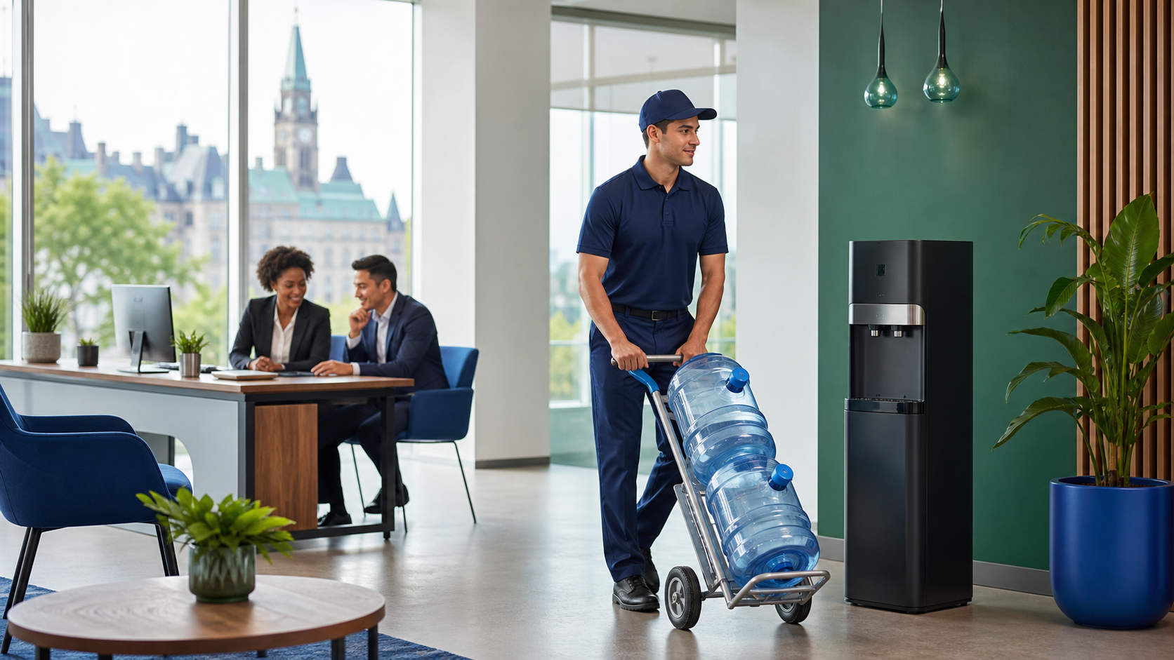 Blue water cooler bottles stacked beside a modern office entrance in bright natural light.