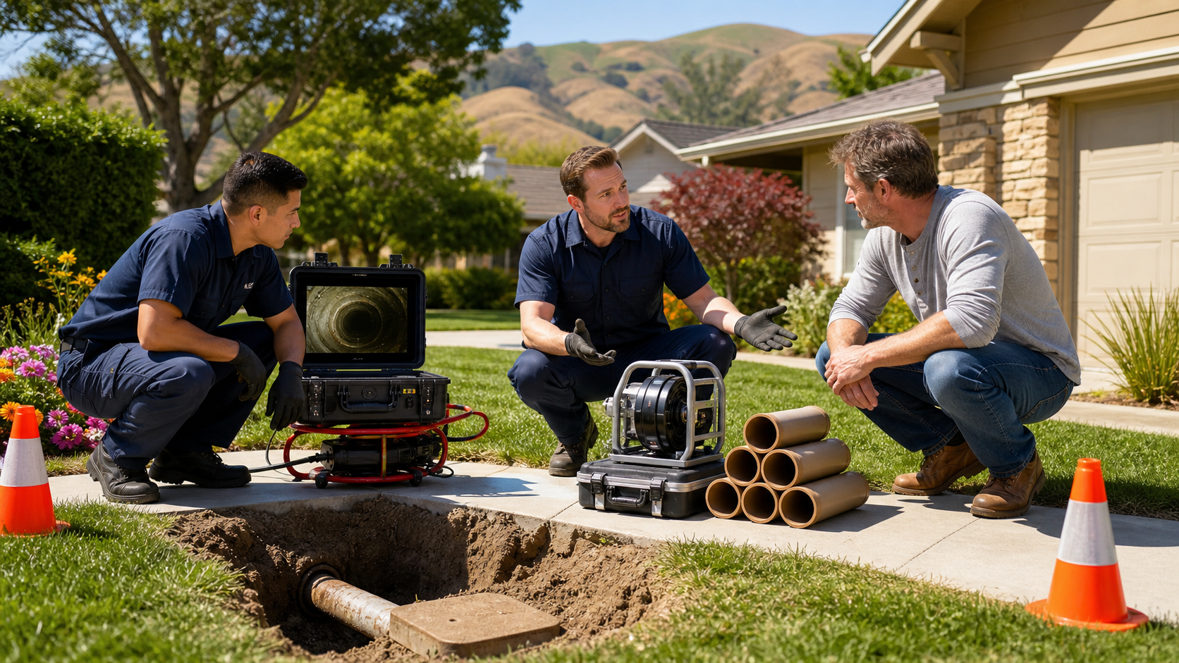 Plumbing crew preparing equipment near a residential sewer access point